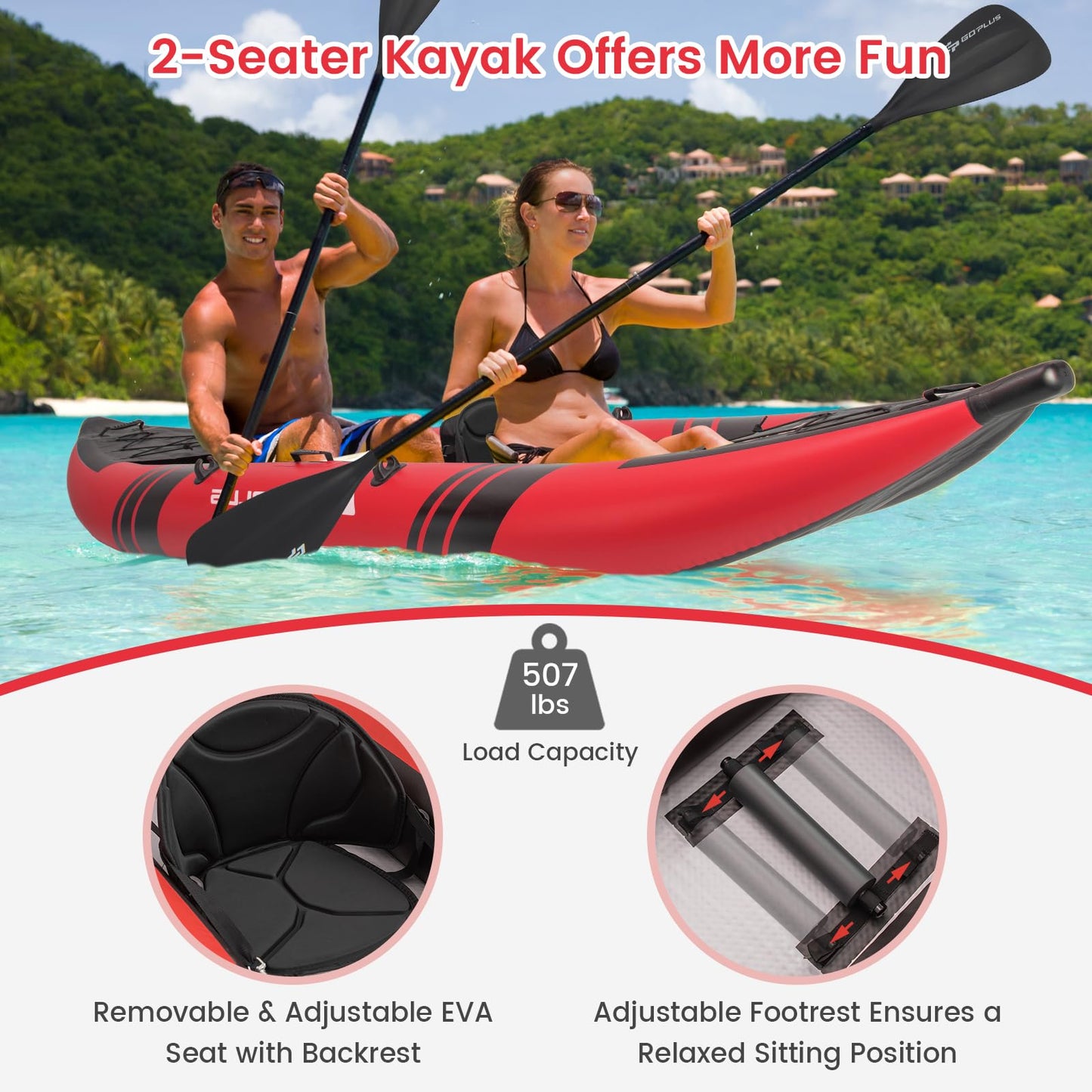 Goplus Inflatable Kayak, 2-Person Kayak Set for Adults with 507 LBS Weight Capacity, 2 Aluminium Oars, EVA Padded Seat, 2 Fins, Hand Pump, Carry Bag, Repair Kit, Portable Touring Kayaks