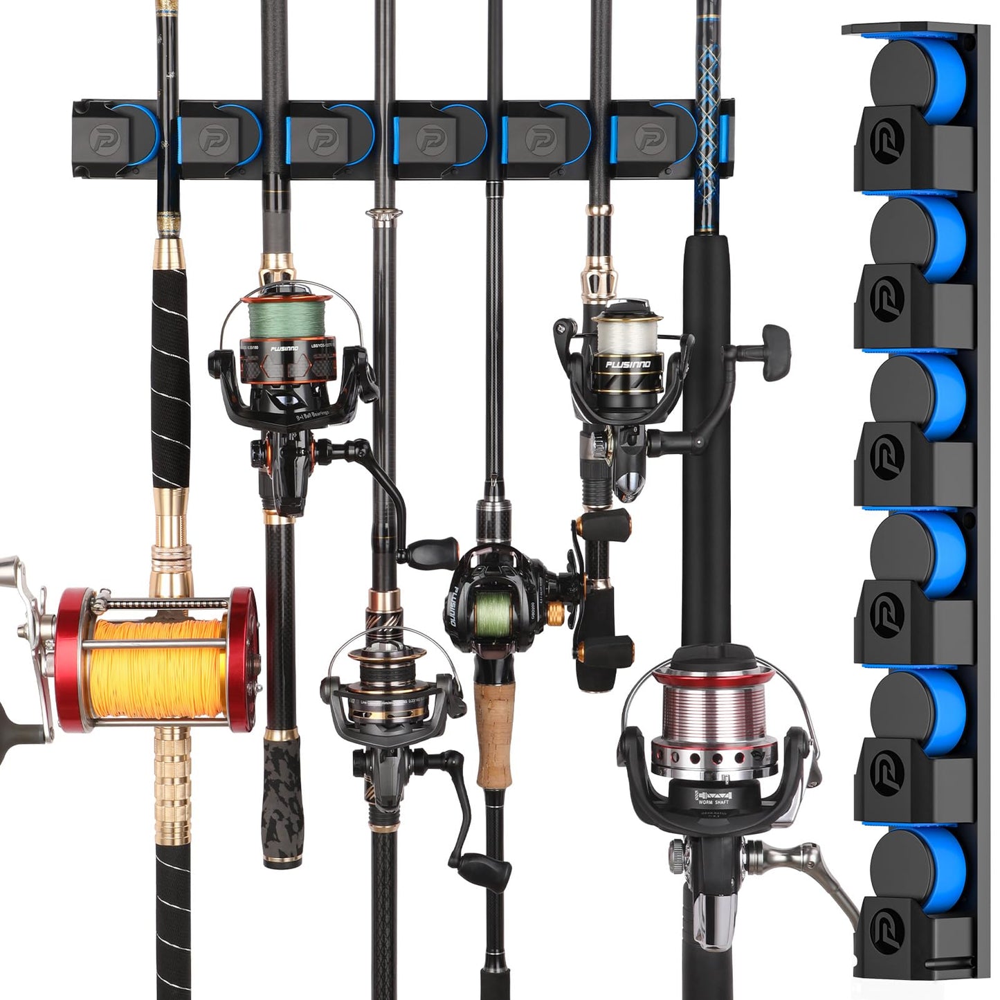 PLUSINNO Vertical Fishing Rod Holder, Wall Mounted Fishing Rod Rack, Fishing Pole Holder Holds Up to 9 Rods or Combos, Fishing Rod Holders for Garage, Fits Most Rods of Diameter 3-19mm