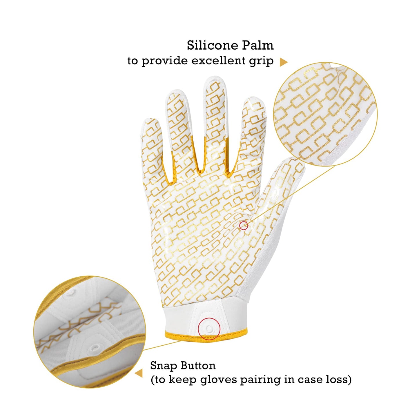 HANDLANDY Youth Football Gloves, Sticky Wide Receiver Gloves for Kids, White and Gold Stretch Fit Football Glove (White and Gold, Medium)