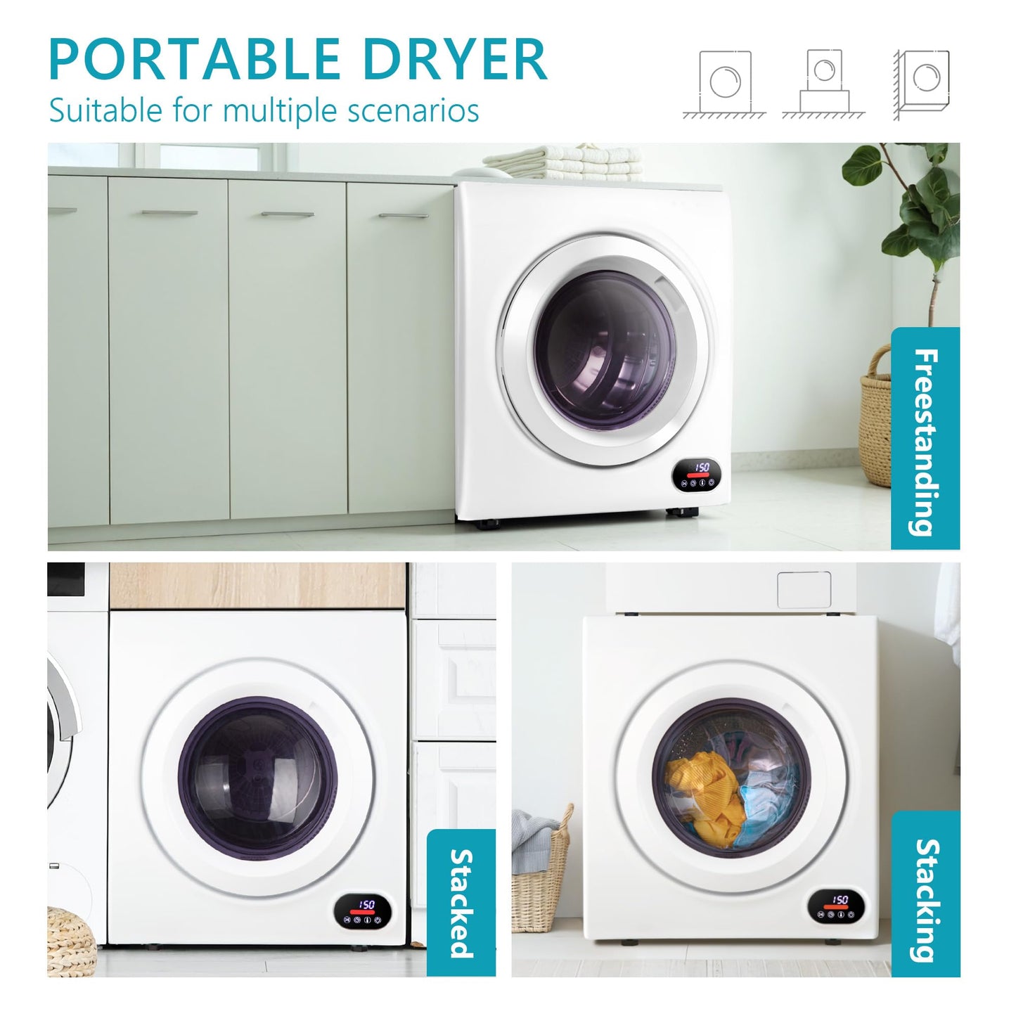 Euhomy Compact Laundry Dryer, 3.5 cu ft Front Load Stainless Steel Clothes Dryers With Exhaust Pipe, 1500W, LCD Control Panel Four-Function Portable Dryer For Apartments, Home, Dorm, White