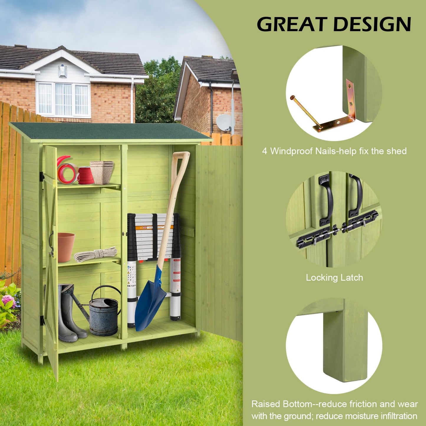 VINGLI Upgraded Outdoor Wooden Storage Shed, Extra Large Garden Shed Outside Tool Cabinet with 2 Safety Latches, Patio Storage Organizer for Garden Yard Lawn Equipment, Teak