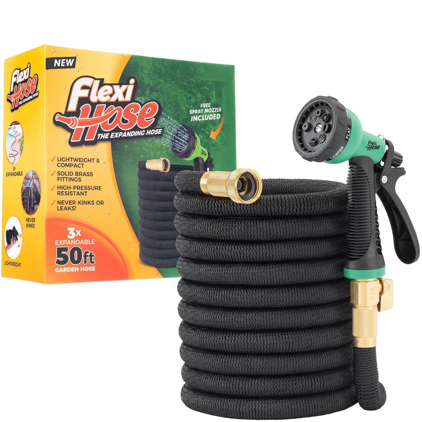 Flexi Hose with 8 Function Nozzle, 50FT - Lightweight Expandable Garden Hose, No-Kink Flexibility, 3/4 Inch Solid Brass Fittings and Double Latex Core
