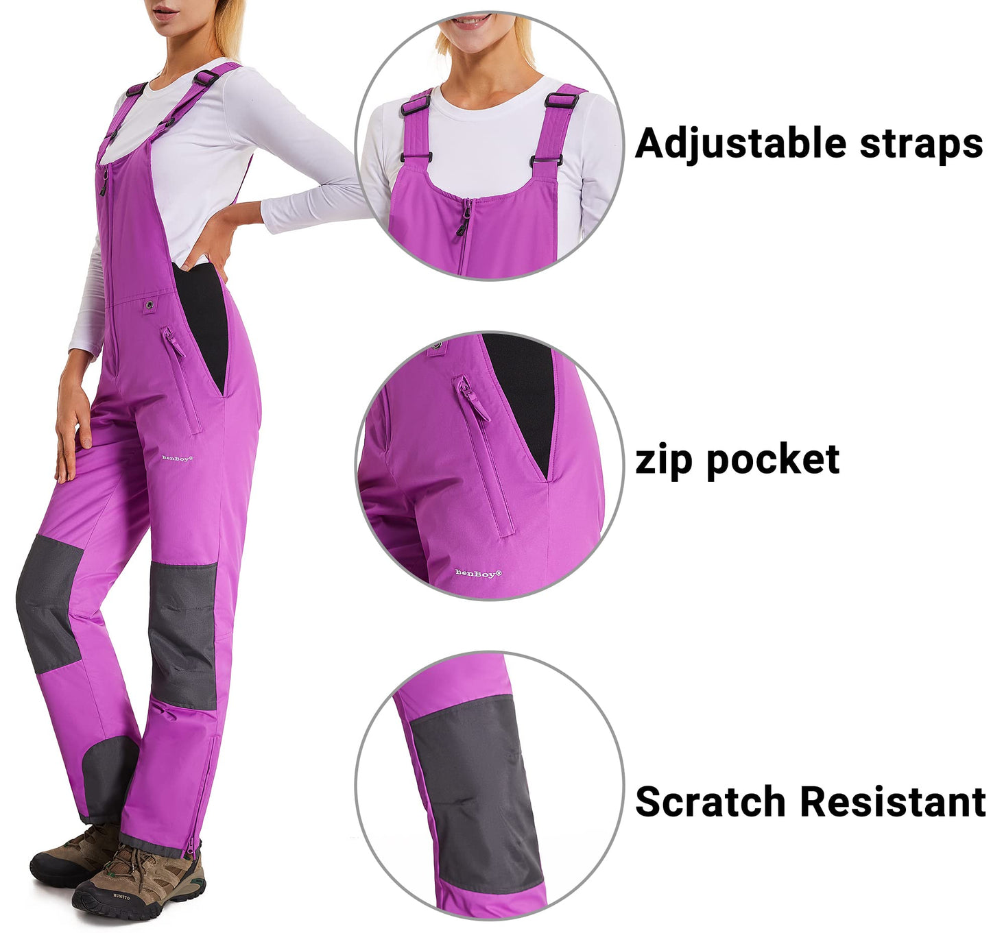 BenBoy Women's Snow Bibs Ski Waterproof Windproof Insulated Overalls Ripstop Snowboard Pants Winter
