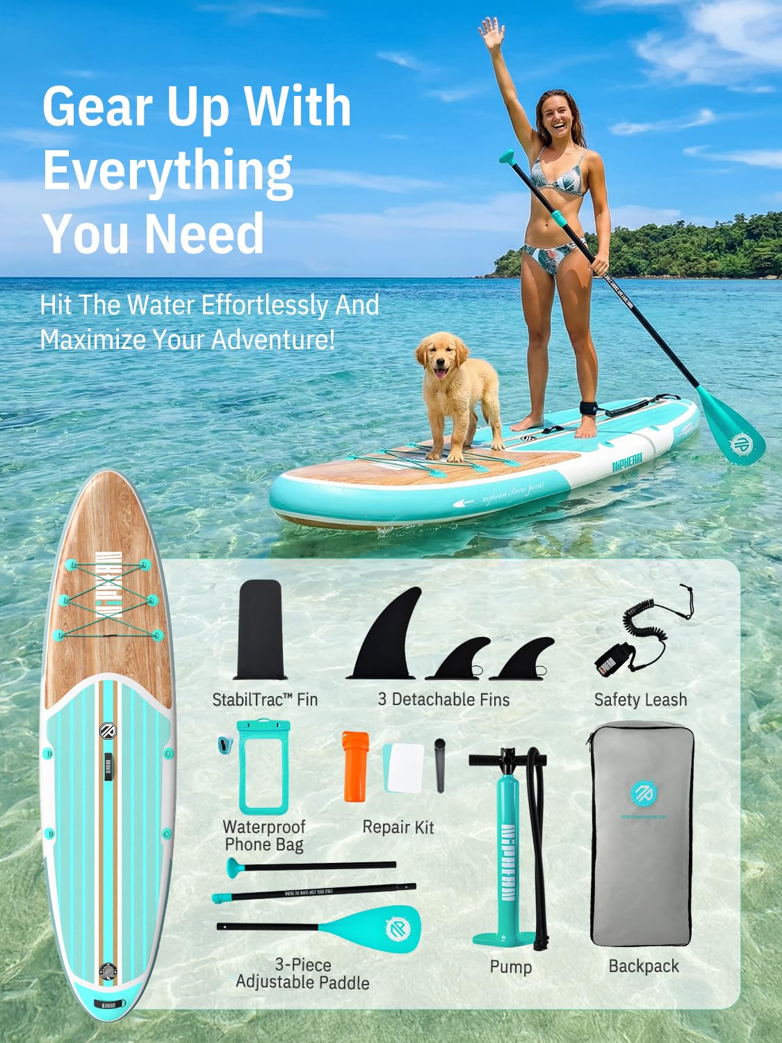 Niphean Inflatable Stand Up Paddle Board with Stabiltrac Fin Design and SUP Accessories, Anti-Slip EVA Deck, 10’6’’ Inflatable Paddle Boards for Adults & Youth of All Skill Levels