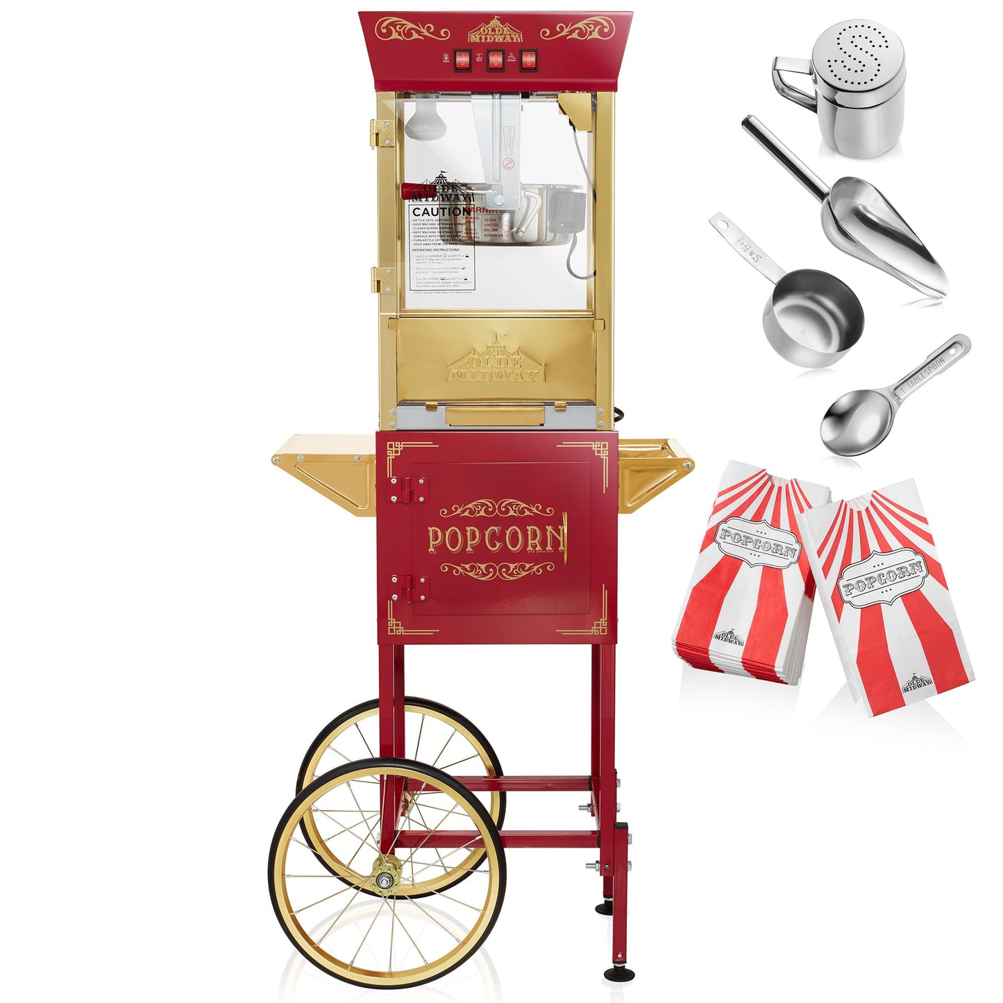 Olde Midway Movie Theater-Style Popcorn Machine Maker with Cart and 10-Ounce Kettle - Red, Vintage-Style Popper on Wheels