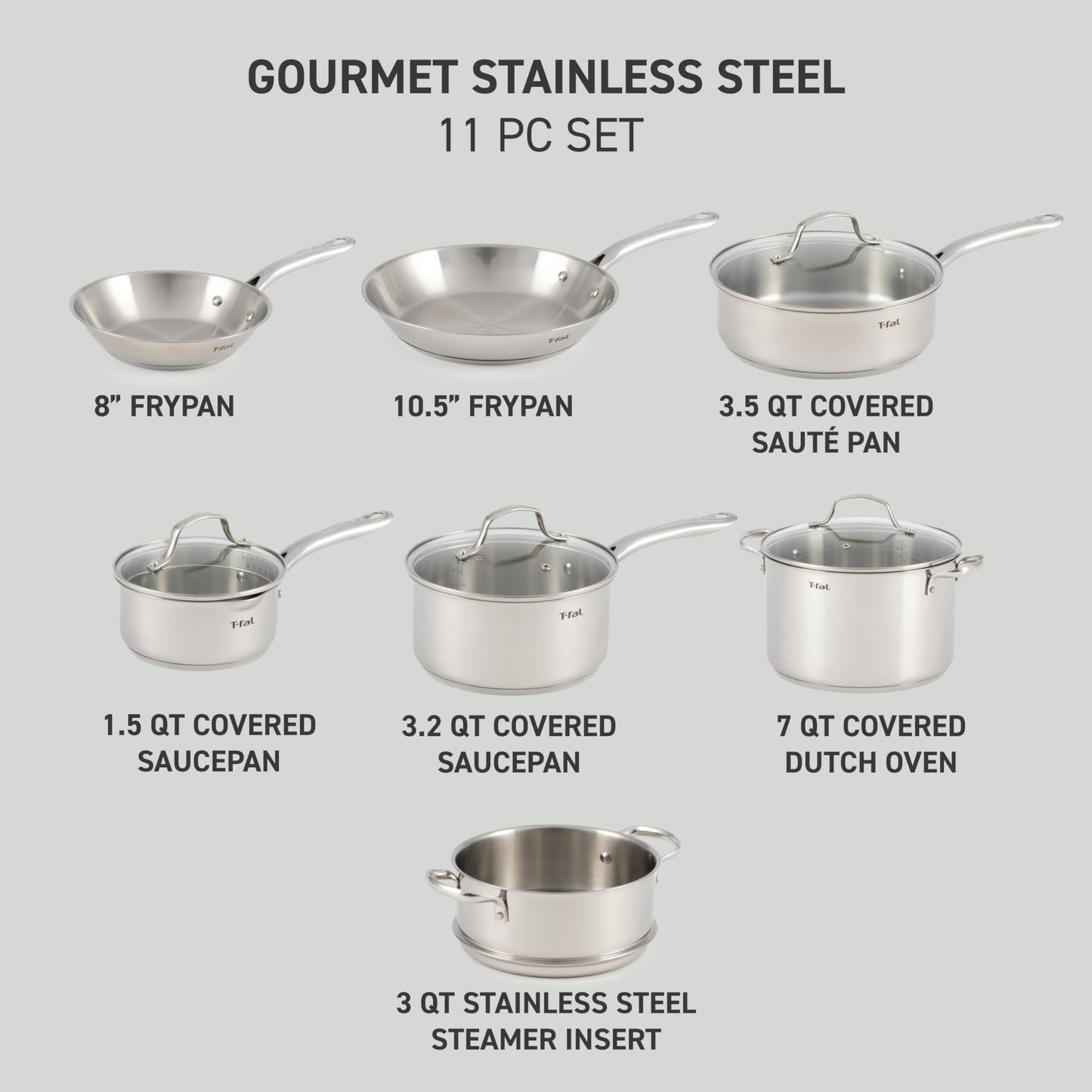 T-fal Stainless Steel Cookware Set, 11 Piece, Induction Cookware, Oven Safe to 500°F, Kitchen Cooking Set w/Fry Pans, Pots and Pans, Dutch Oven, Saucepans, Kitchen Essentials, Silver