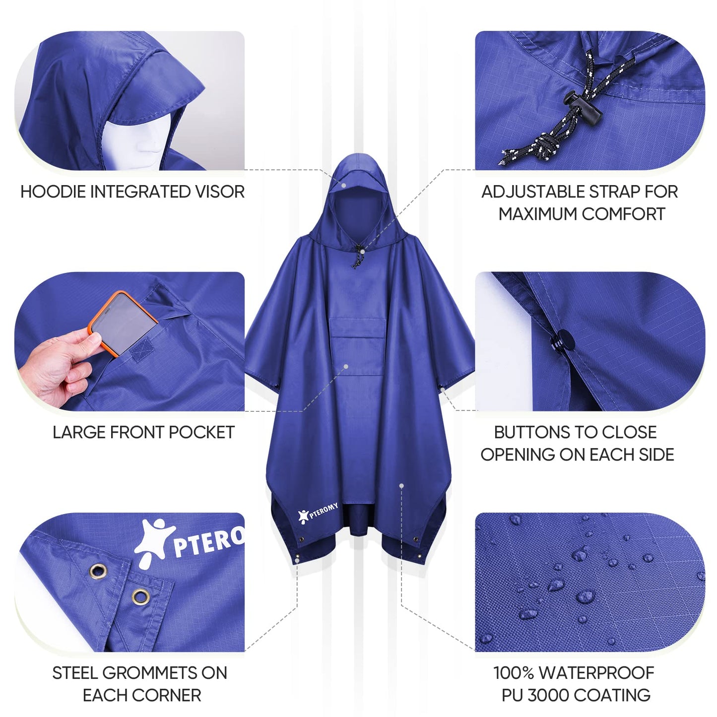 PTEROMY Hooded Rain Poncho for Adult with Pocket, Waterproof Lightweight Unisex Raincoat for Hiking Camping Emergency