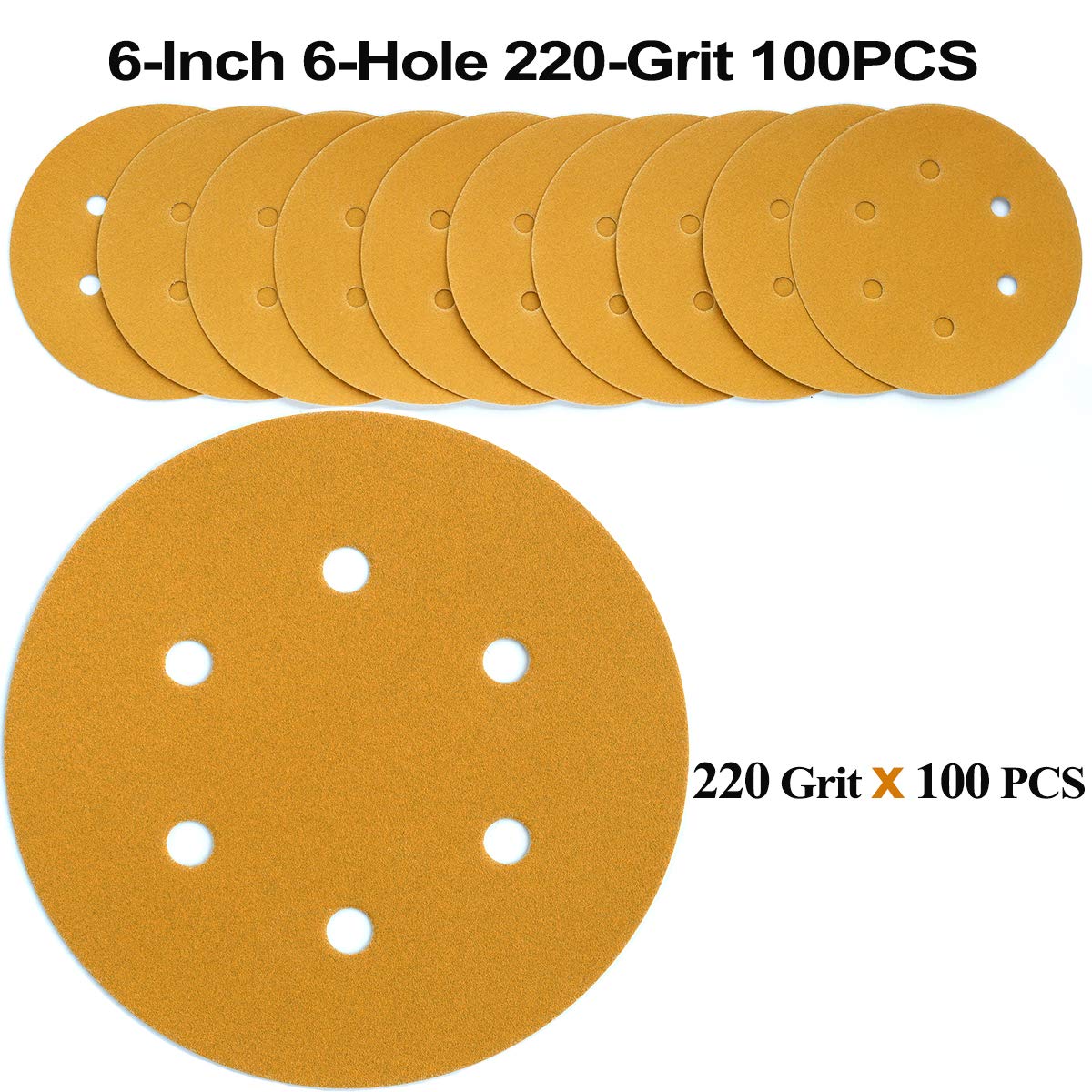 6-Inch 6-Hole Hook and Loop Sanding Discs 600-Grit, Random Orbital Sandpaper for Automotive and Woodworking, 100-Pack