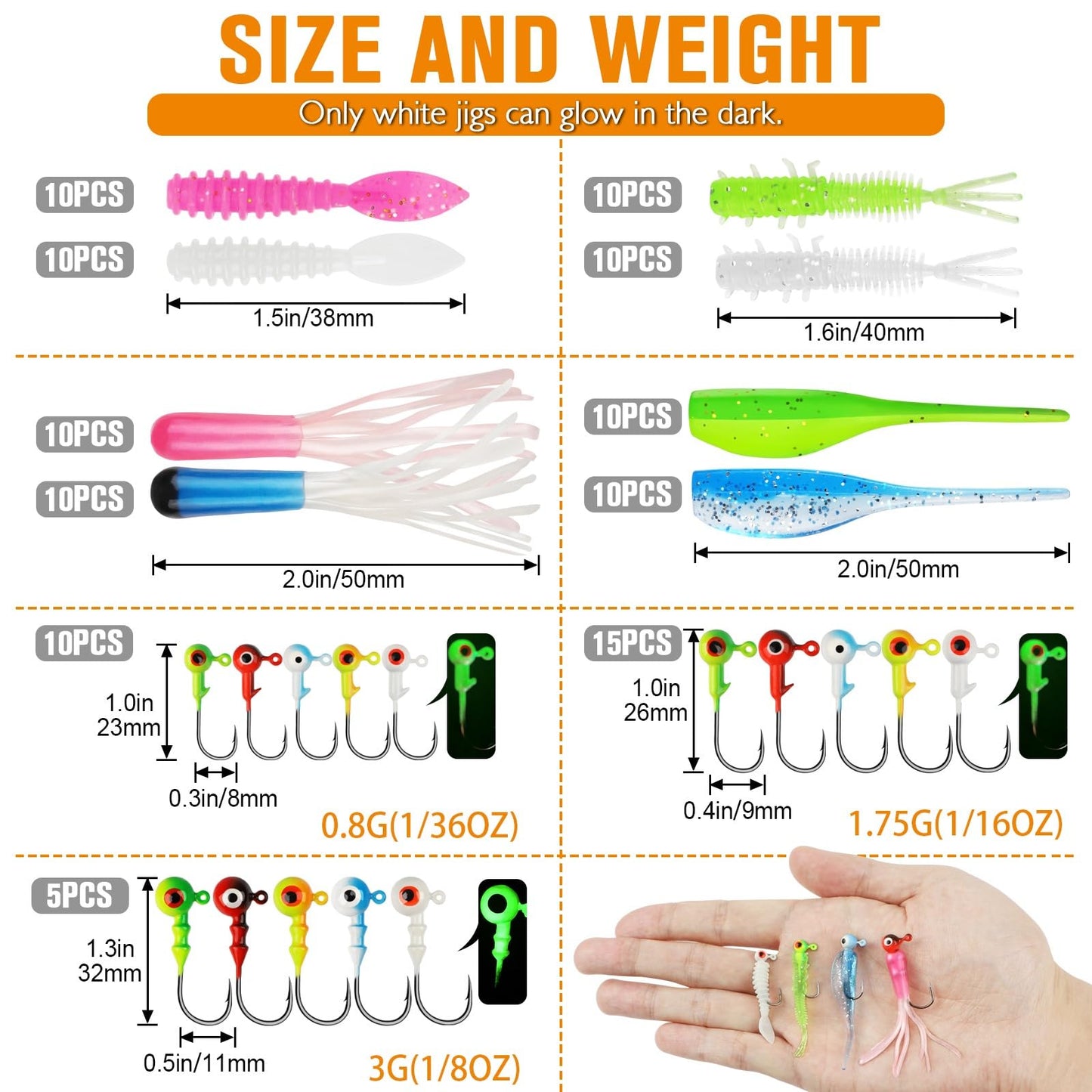 Dovesun Crappie Lures with Jig Heads Kit, Soft Plastic Grubs-Tube Baits 1/8oz 1/16oz 1/32oz Crappie Jigs Walleye Trout Bass Crappie Baits 95-120pcs