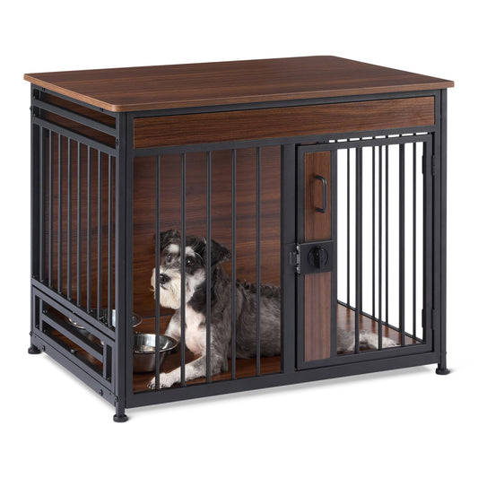 Amazon Basics Furniture Style Dog Crate, Two Bowls Included, 30" x 20.4" x 23.6", Walnut