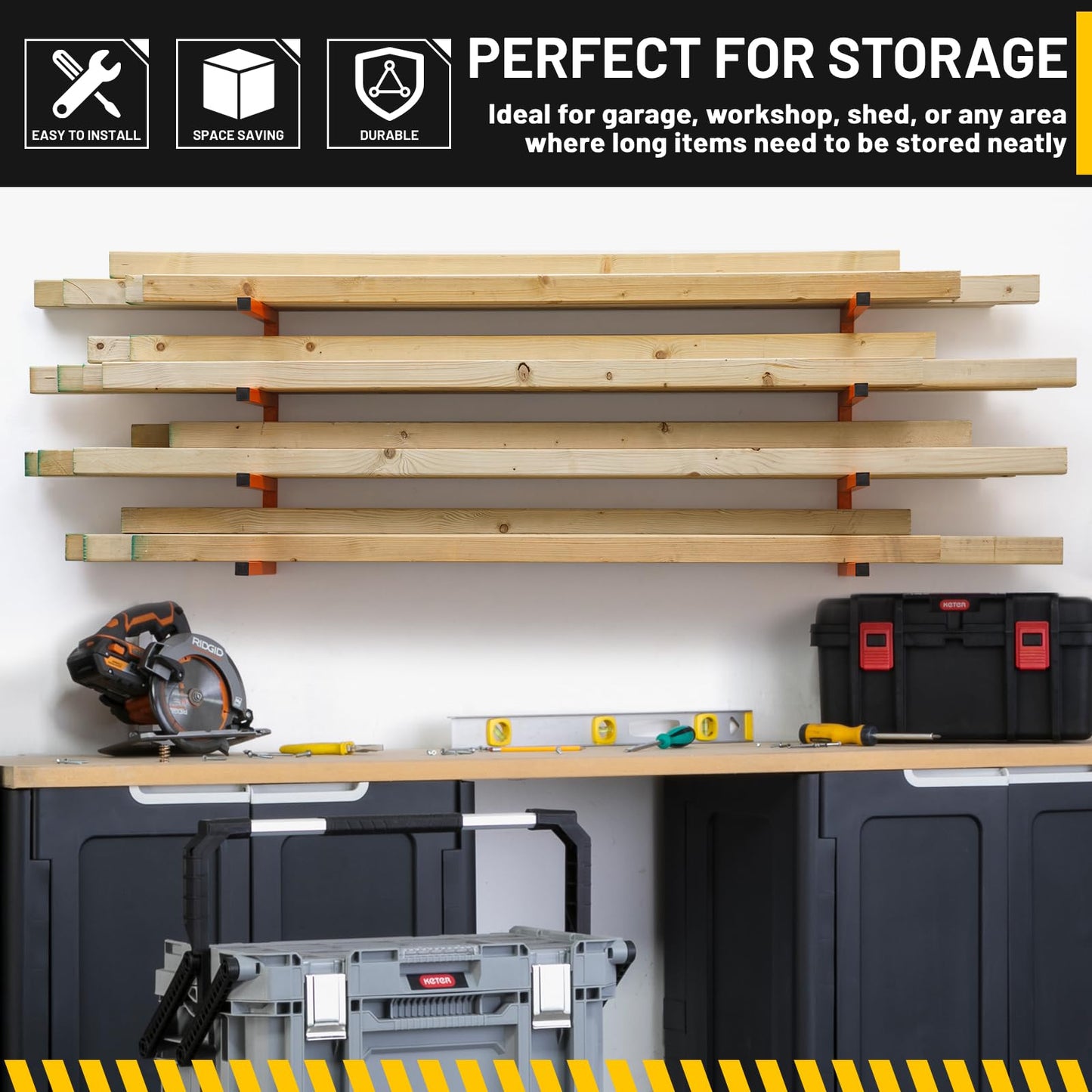 YYR Wood Organizer and Lumber Storage Rack Wall Mount, Heavy Duty Metal Shelf with 6-Level Holds Up 1200 LBS, Indoor & Outdoor Use - Orange