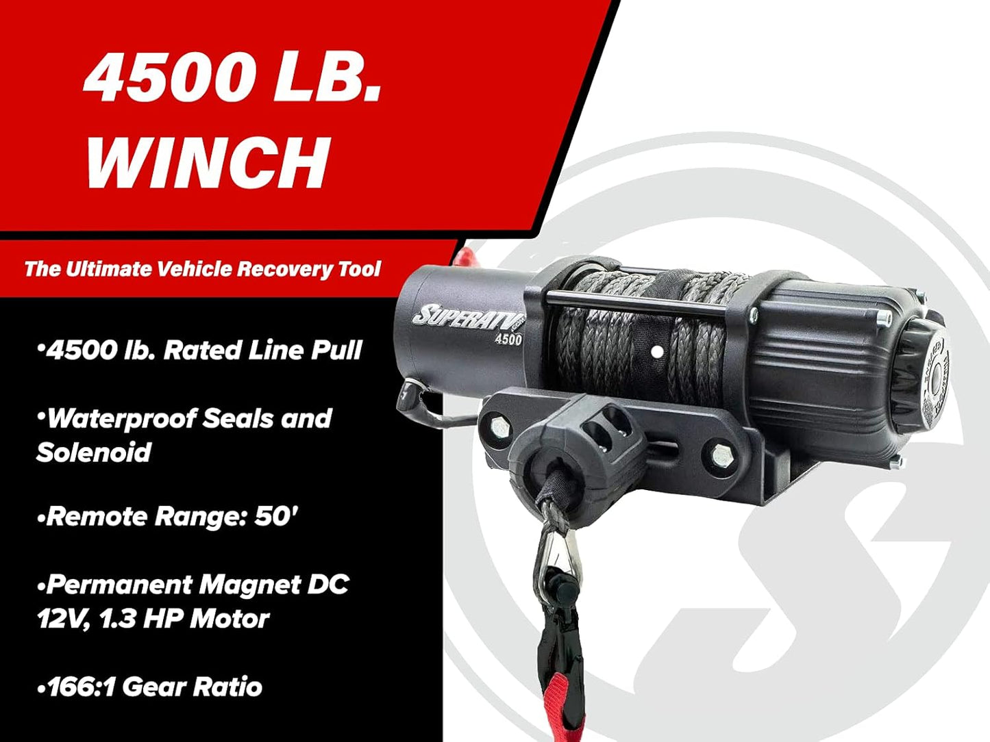 SuperATV 4500 lb Winch For UTV/ATV | Complete Black Ops Winch Kit | Waterproof Seals And Solenoid | 1.3 HP Motor | 166:1 Gear Ratio