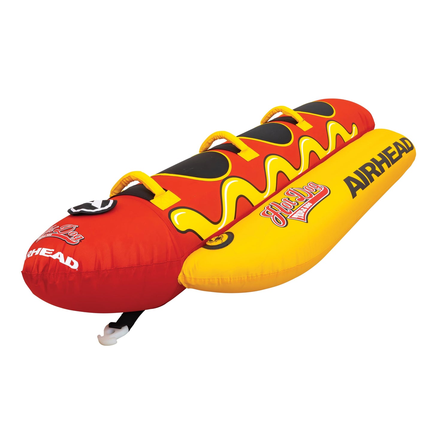 Airhead Hot Dog Towable, 1-3 Rider Tube for boating and Water Sports, Neoprene Seat Pads, Double-Stitched Full Nylon Cover, and Boston Valve for Convenient Inflating and Deflating