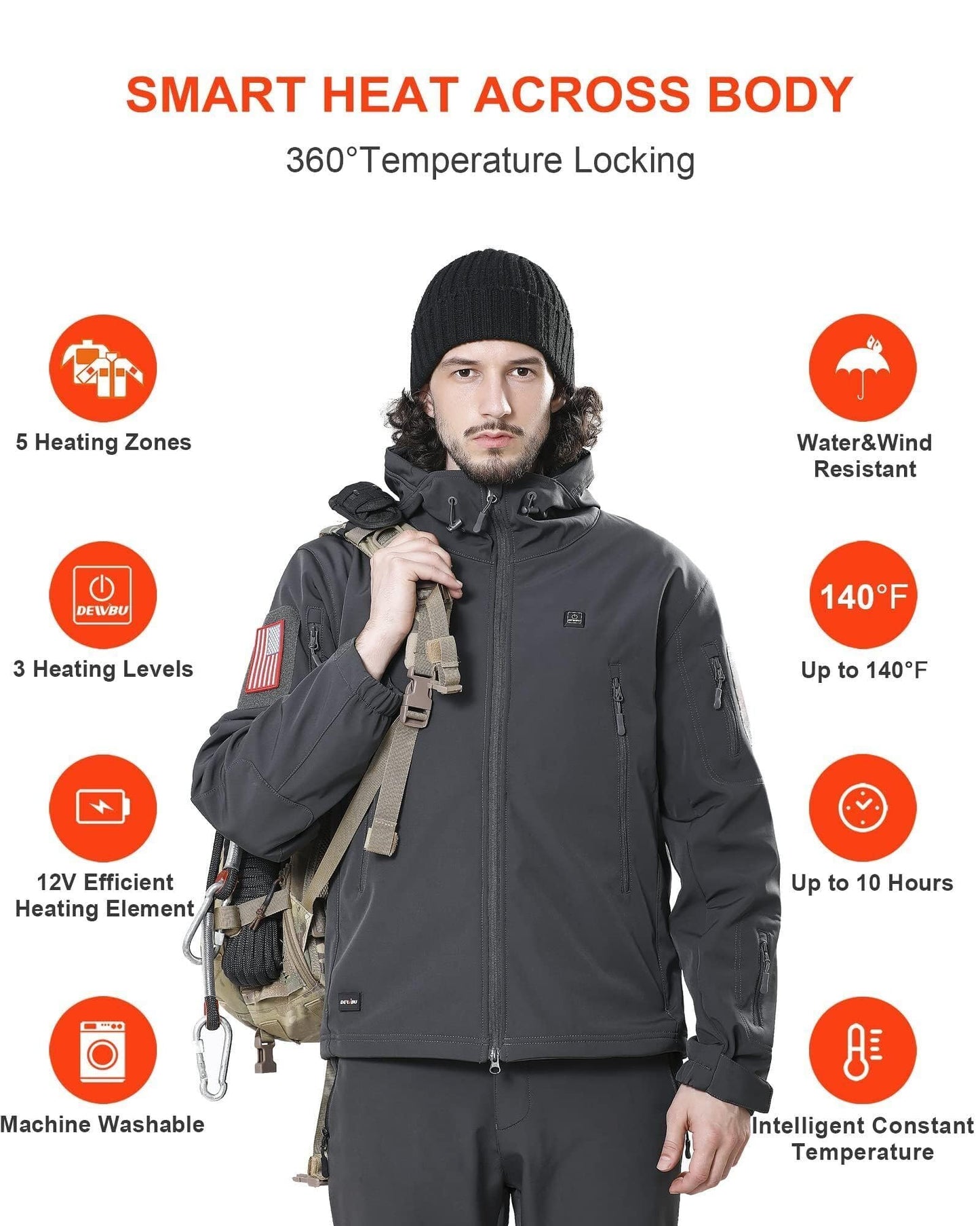 DEWBU Heated Jacket for Men with 12V Battery Pack Winter Outdoor Soft Shell Electric Heating Coat
