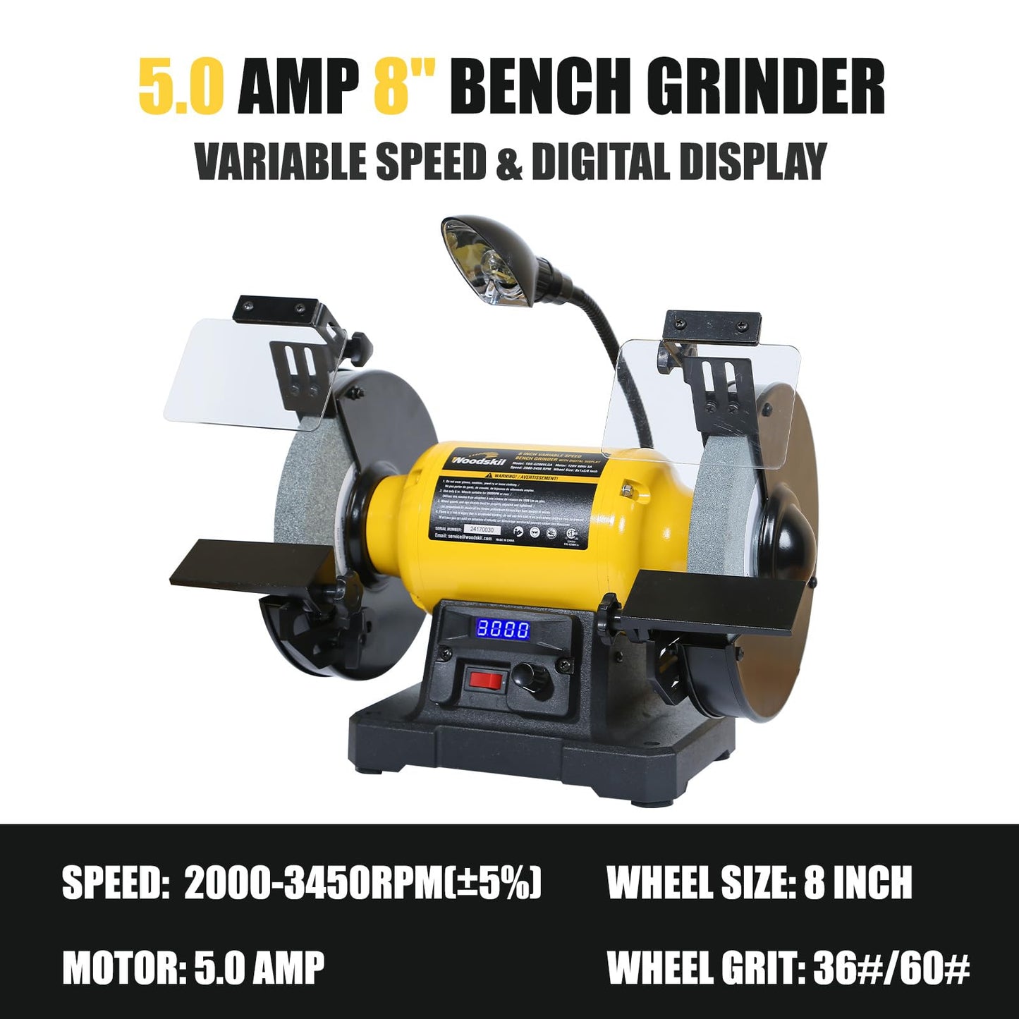 4.8A 3/4HP 8-Inch Bench Grinder, 3600rpm Table Grinder with Two Protective Eye Masks and Two Grinding Wheels Multipurpose Grinders for Metal, Knife, Dental, Amber, Jewelry, Jade