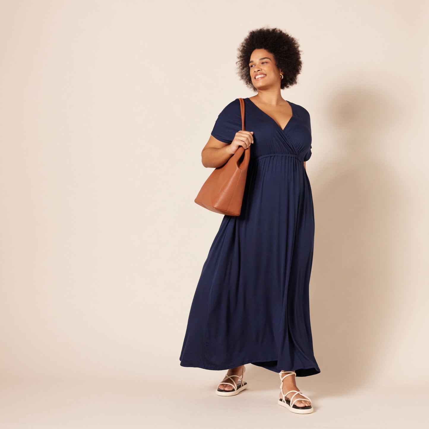 Amazon Essentials Women's V Neck Short Sleeve Waisted Maxi Dress (Available in Plus Size)