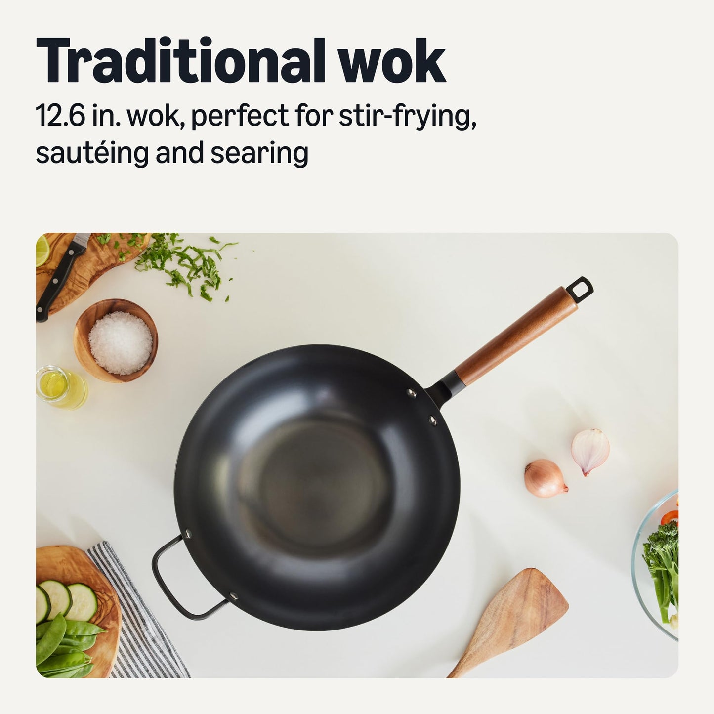 Amazon Basics Carbon Steel Pre-Seasoned Wok, All Cooktop Friendly, 12.6 in.