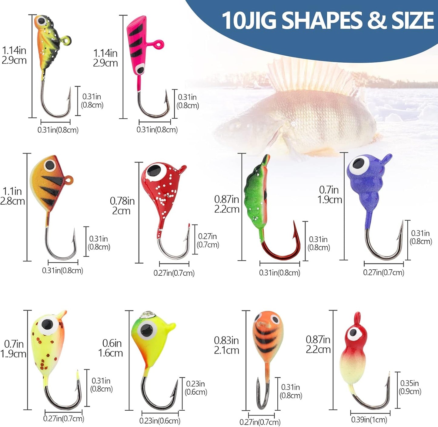 THKFISH Ice Fishing Jigs 54pcs Glow Ice Fishing Lures, Walleye Jig Ice Fishing Jigs Kit Ice Fishing Gear for Crappie Bass Walleye Saltwater Freshwater Fishing Gear