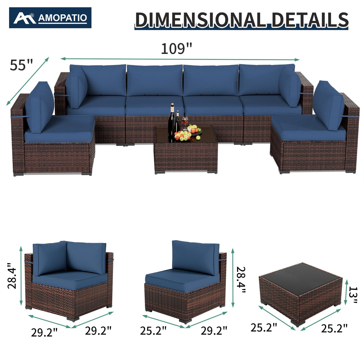 Amopatio Patio Furniture Sets, 7 Pieces Outdoor Rattan Sectional Sofa Set with Glass Table and Cushions, Wicker Patio Conversation Set for Outdoor Indoor Backyard Lawn Garden Porch (Grey)