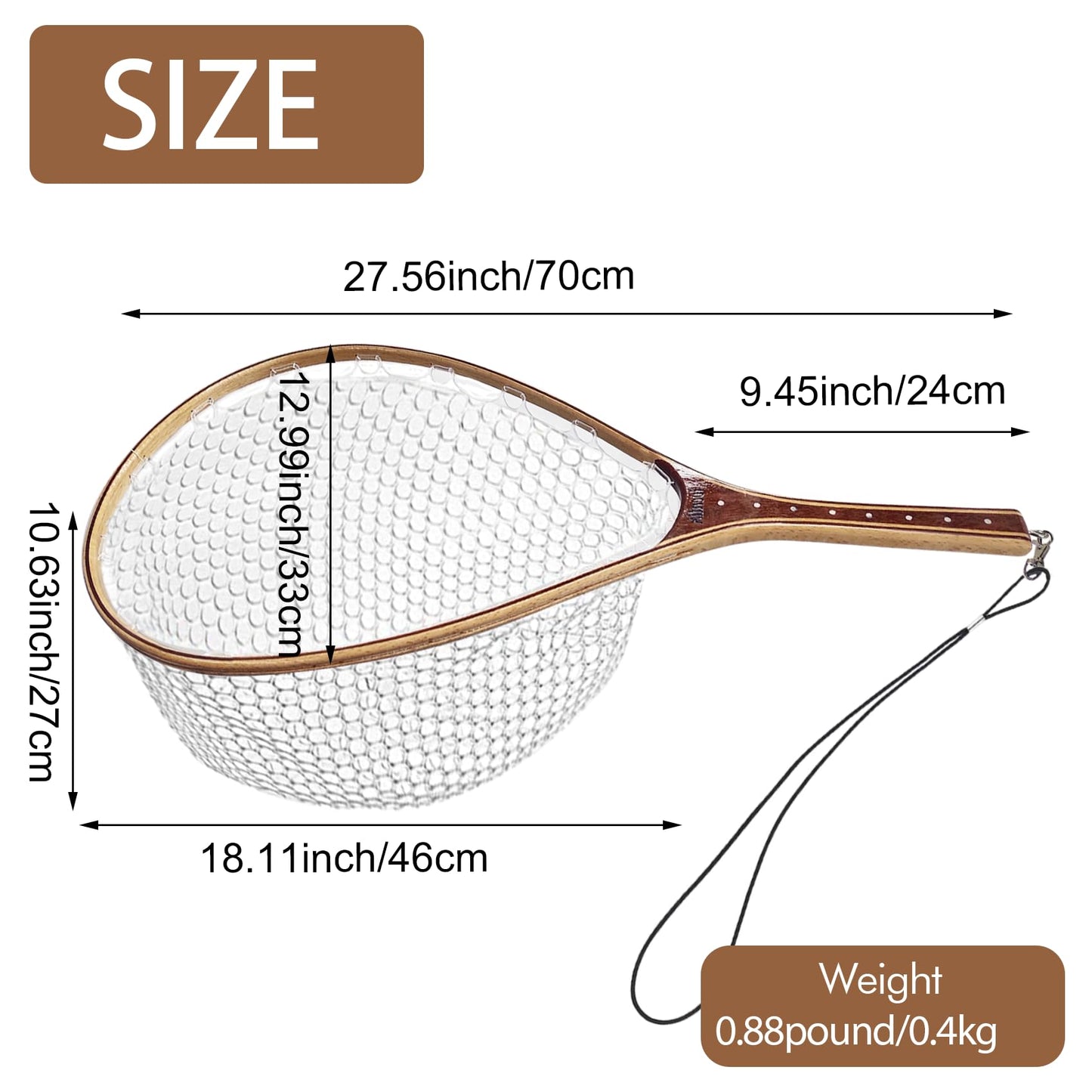 Aventik Fly Fishing Landing Net Trout Fishing Wooden with Measuring Mark Soft Rubber Net Bag Catch & Release
