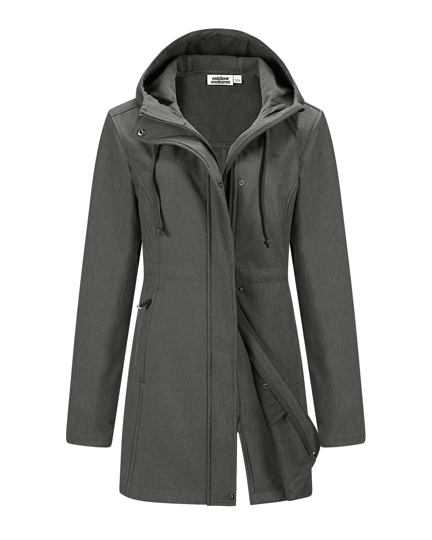 Outdoor Ventures Women's Lightweight Waterproof Fleece Lined Hooded Softshell Rain Jacket, Warm Windbreaker Long Coat