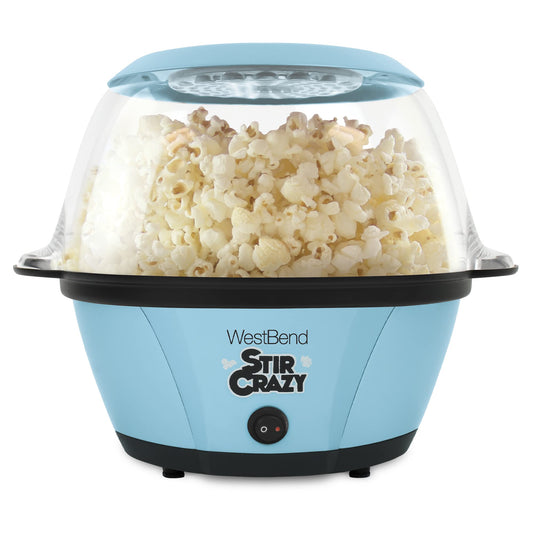 West Bend Stir Crazy Hot Oil Popcorn Popper, Popcorn Maker Machine with Large Serving Bowl Lid and Stirring Rod Perfect for Movie Night Snack Time or Parties, 6-Quart, Red