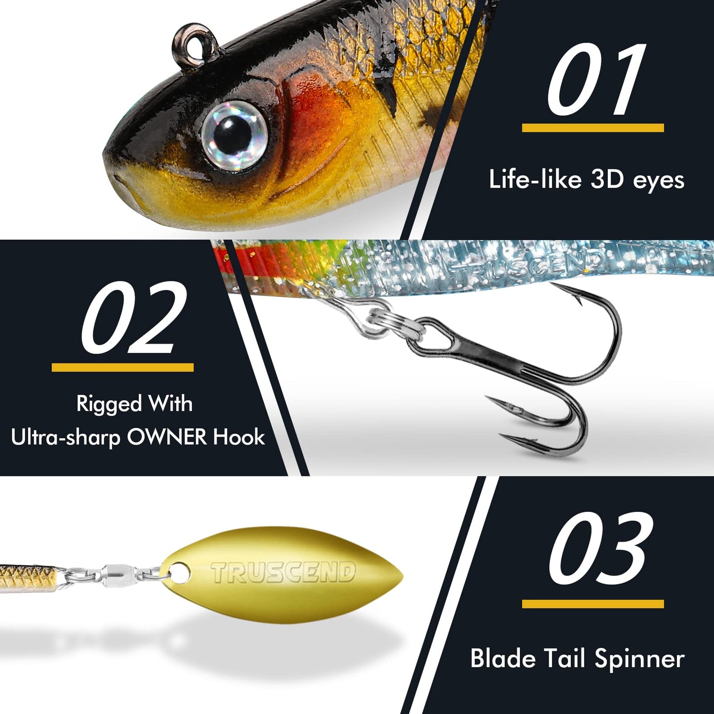 TRUSCEND Easy Catch Pre-Rigged Soft Lures, Vibrating Swim Action, Trembly Sinking Move, Amazing Soft Swimbait for Family Fishing, Well-Made Fishing Lures for Bass Trout Crappie Walleye Pike Redfish