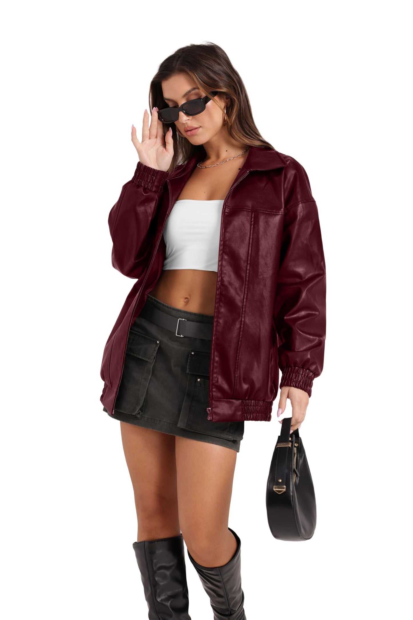 SAMPEEL Leather Jacket Women Faux Oversized Motorcycle Bomber Coats 2024 Fall Fashion Outfits Winter Clothes