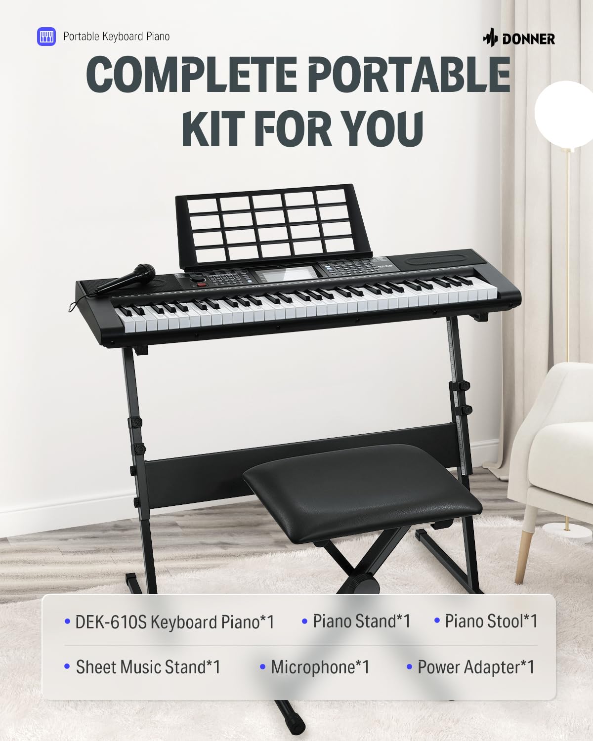 Donner 61 Key Keyboard Piano, Electric Piano Keyboard Kit with 249 Voices, 249 Rhythms - Includes Piano Stand, Stool, Microphone, Gift for Beginners, Black (DEK-610S)