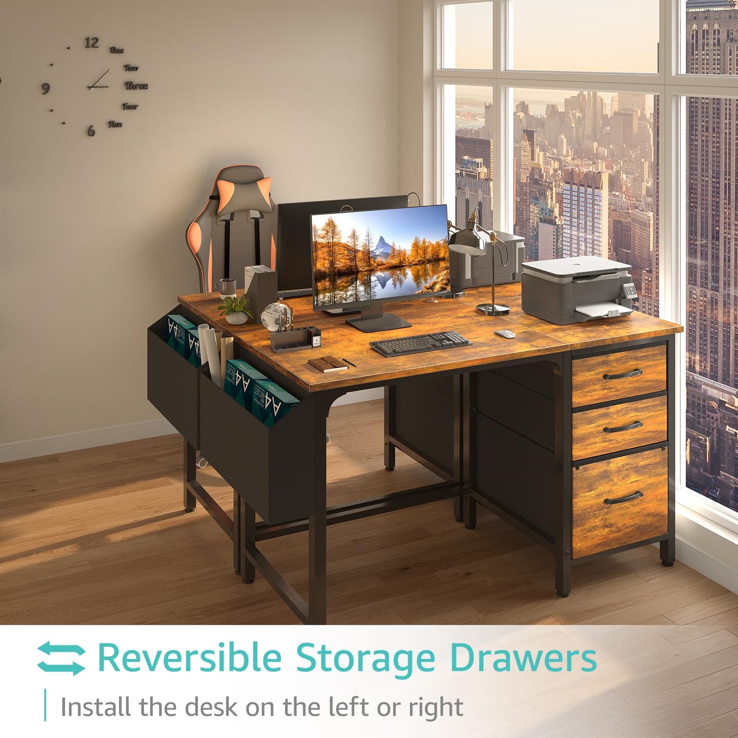 Lufeiya Computer Desk with Fabric File Drawers Cabinet, 47 Inch Reversible Home Office Desks with Filing Cabinet for Small Space, Study Writing Table PC Desks, Rustic Brown