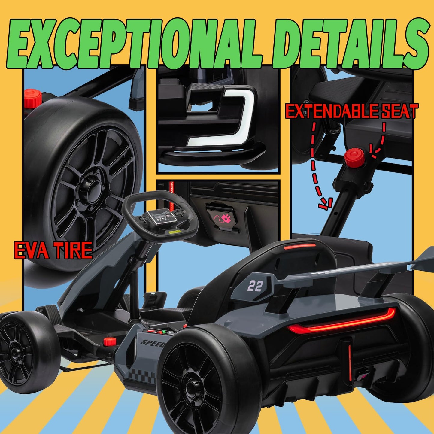 Kerry Yoo Go Kart Electric Drift Kart Car with Adjustable Seat, 24V Outdoor Ride on Toy with 4 Speed Mode, Crazy Cart for Kids 6-12 Years Old, Fast 300W Motor, 8.5 MPH, LED Lights, Bluetooth - Red