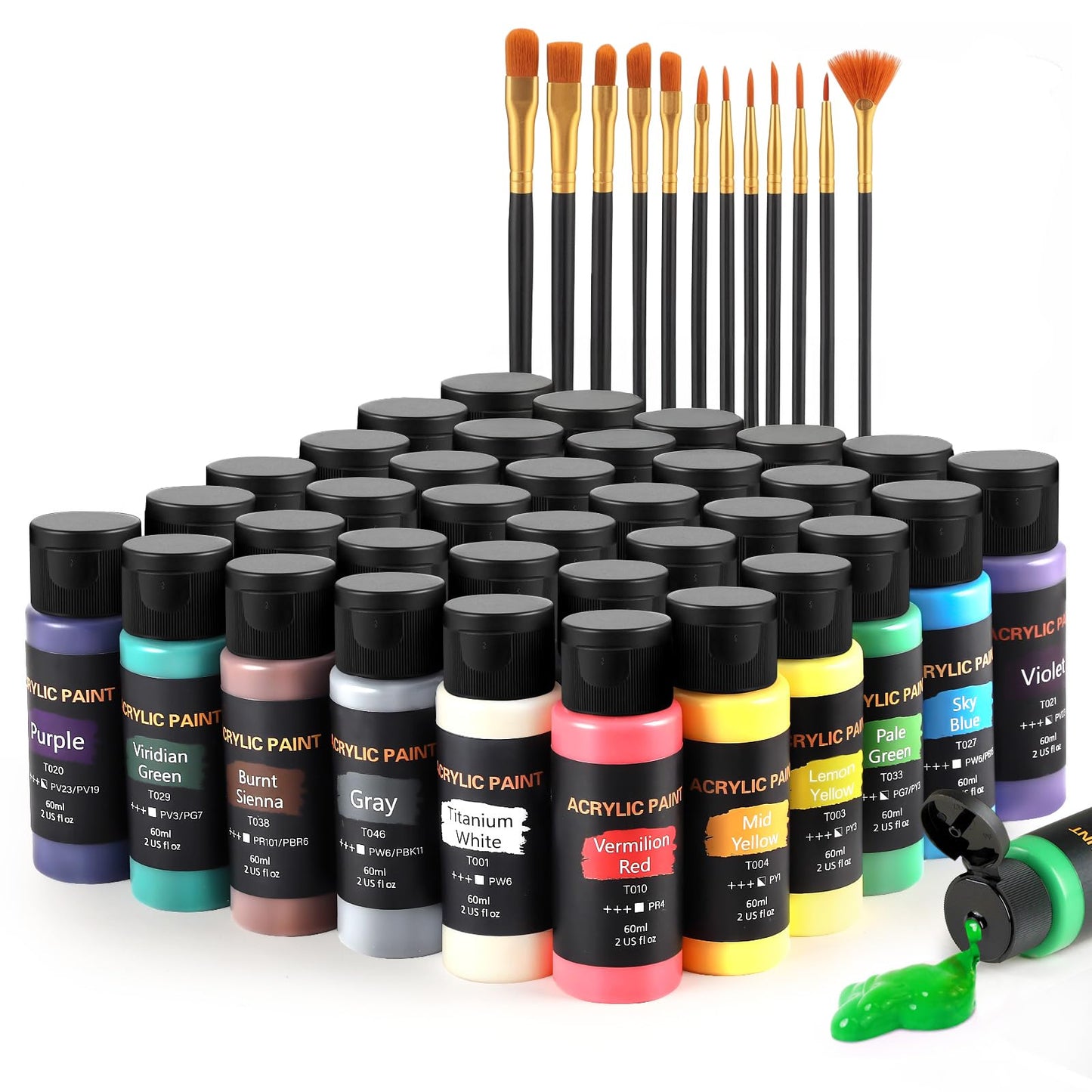 Acrylic Paint Set, 24 Colors (2 oz/Bottle) with 12 Art Brushes, Art Supplies for Painting Canvas, Wood, Ceramic & Fabric, Rich Pigments Lasting Quality for Beginners, Students & Professional Artist