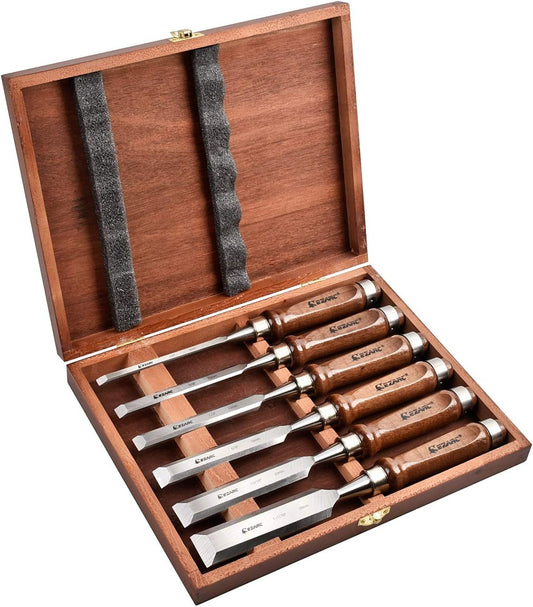 EZARC 6 Pieces Wood Chisel Tool Sets Woodworking Carving Chisel Kit with Premium Wooden Case for Carpenter Craftsman