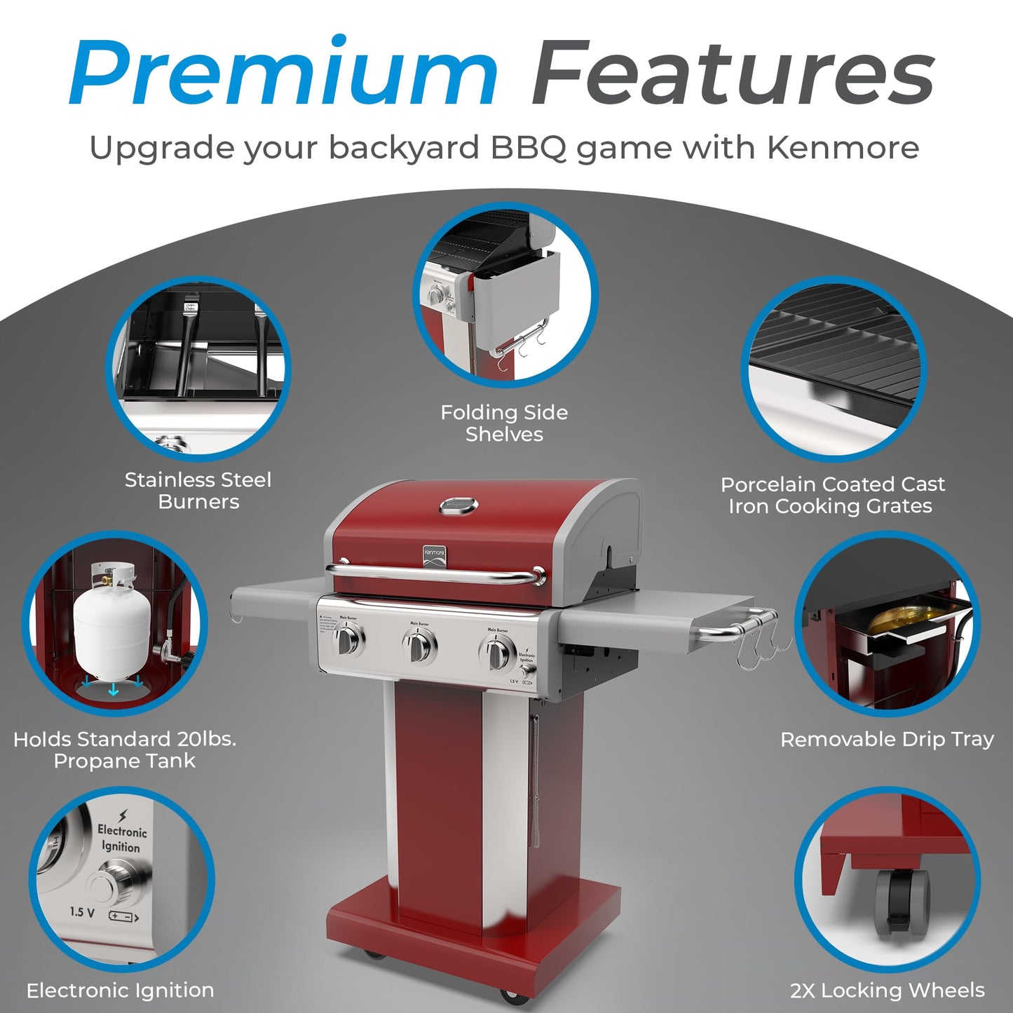 Kenmore 3-Burner Propane BBQ Grill, 30,000 BTUs Gas Grill with Cast Iron Cooking Grates, Folding Side Tables & Wheels, Outdoor Grill with Tool Hooks, Azure Blue