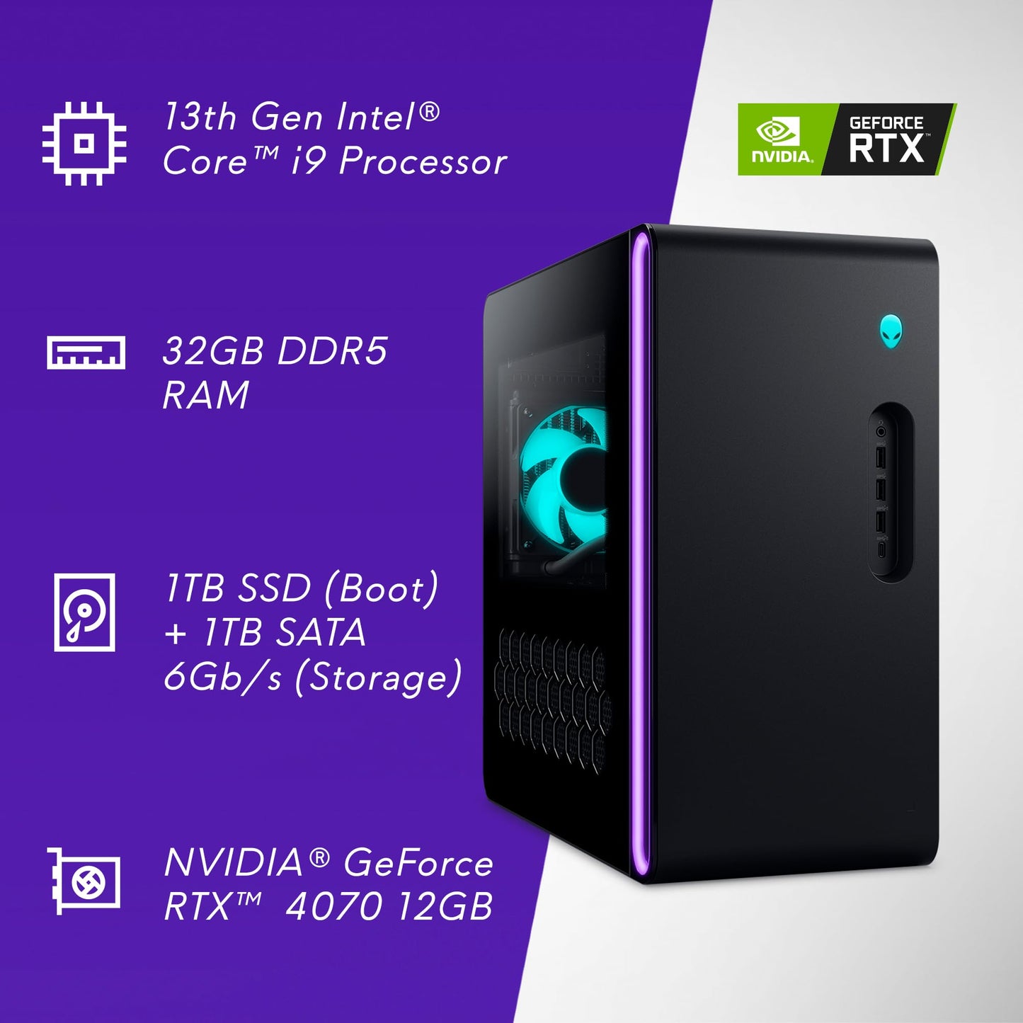 Alienware Aurora R16 Gaming Desktop - Intel Core i9-13900F, 32GB DDR5 RAM, 1TB SSD + 1TB HDD, NVIDIA GeForce RTX 4070 12GB GDDR6X Graphics, Windows 11 Home, 1 Year Premium Support - Basalt Black