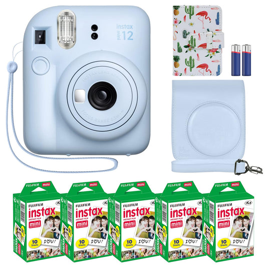 Fujifilm Instax Mini 12 Instant Camera + MiniMate Accessory Bundle & Compatible Custom Case + Fuji Instax Film Value Pack (50 Sheets) Flamingo Designer Photo Album (Pastel Blue)