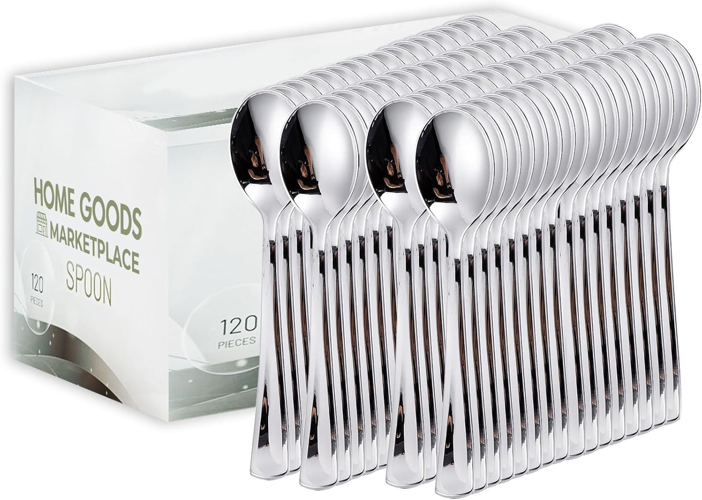 [120 Count] Silver Plastic Spoons – Heavy Duty Disposable Cutlery for Parties, Weddings, Catering – Elegant Metallic Finish, BPA-Free, Recyclable Utensils