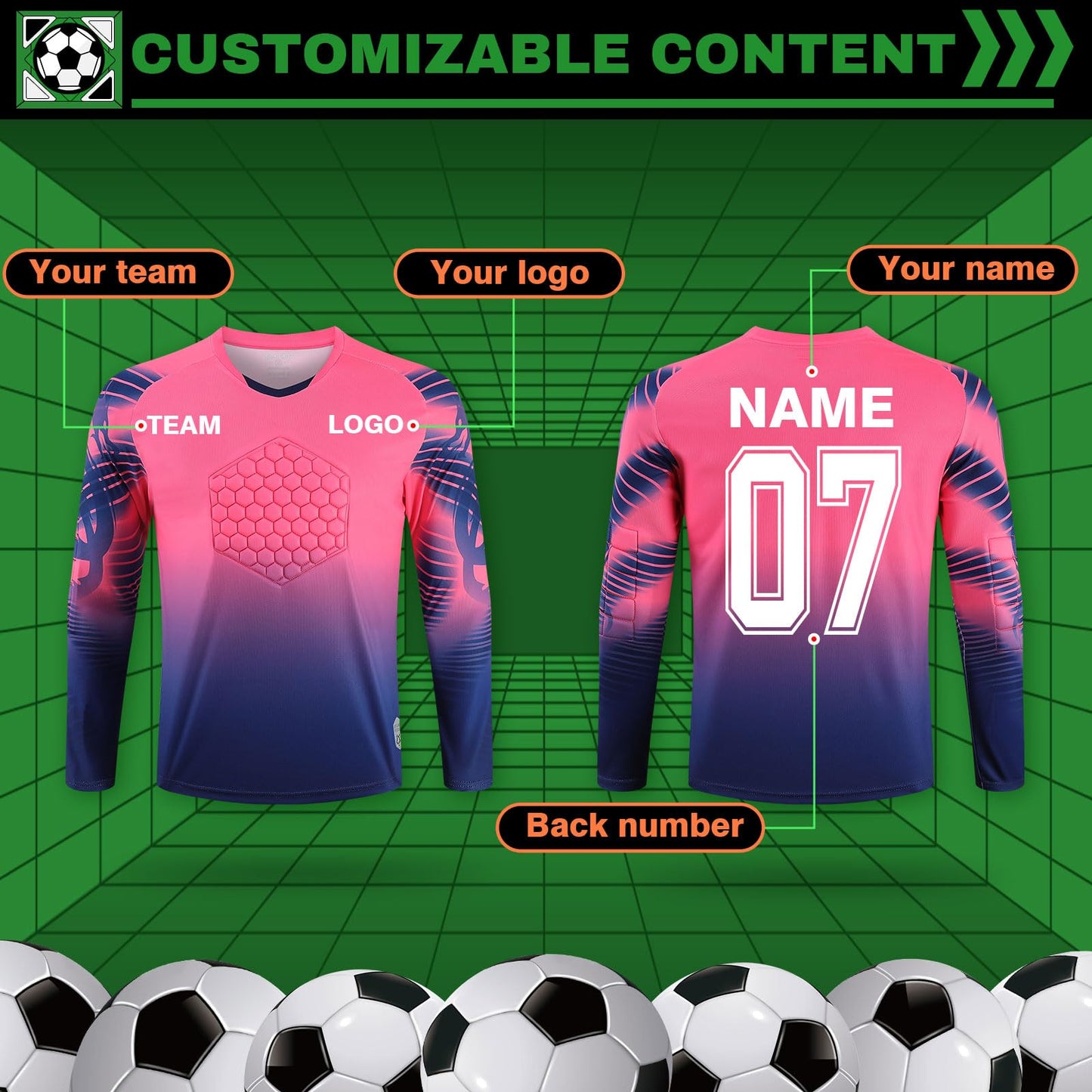 Custom Goalie Jersey Soccer for Adult/Kids Goalkeeper Jersey Personalized Long Sleeve Soccer Jersey with Name Team Logo