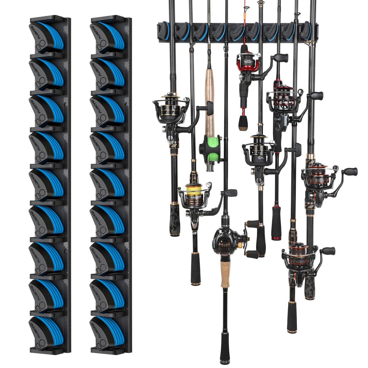 PLUSINNO Vertical Fishing Rod Holder, Wall Mounted Fishing Rod Rack, Fishing Pole Holder Holds Up to 9 Rods or Combos, Fishing Rod Holders for Garage, Fits Most Rods of Diameter 3-19mm