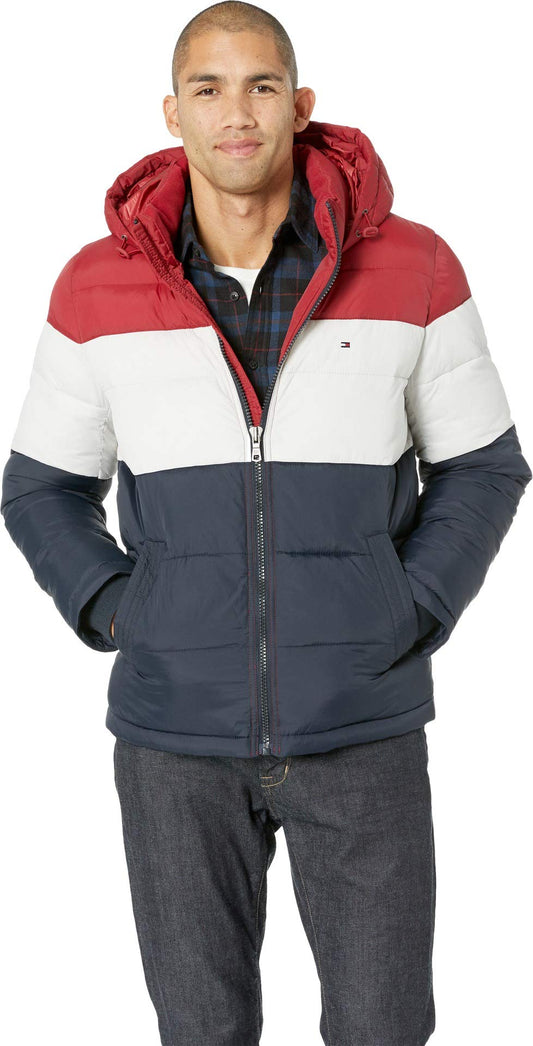 Tommy Hilfiger Men's Classic Hooded Puffer Jacket (Standard and Big & Tall), red/white/midnight, XX-Large