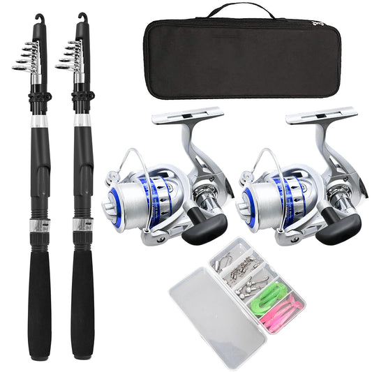 Fishing Pole Combo Set,2.1m/6.89ft 2PCS Collapsible Rods 2PCS Spinning Reels Lures Set Carrier Bag Carbon Fiber Telescopic Fishing Rods Sea Saltwater Freshwater Kit Fishing Rod Reel Combos