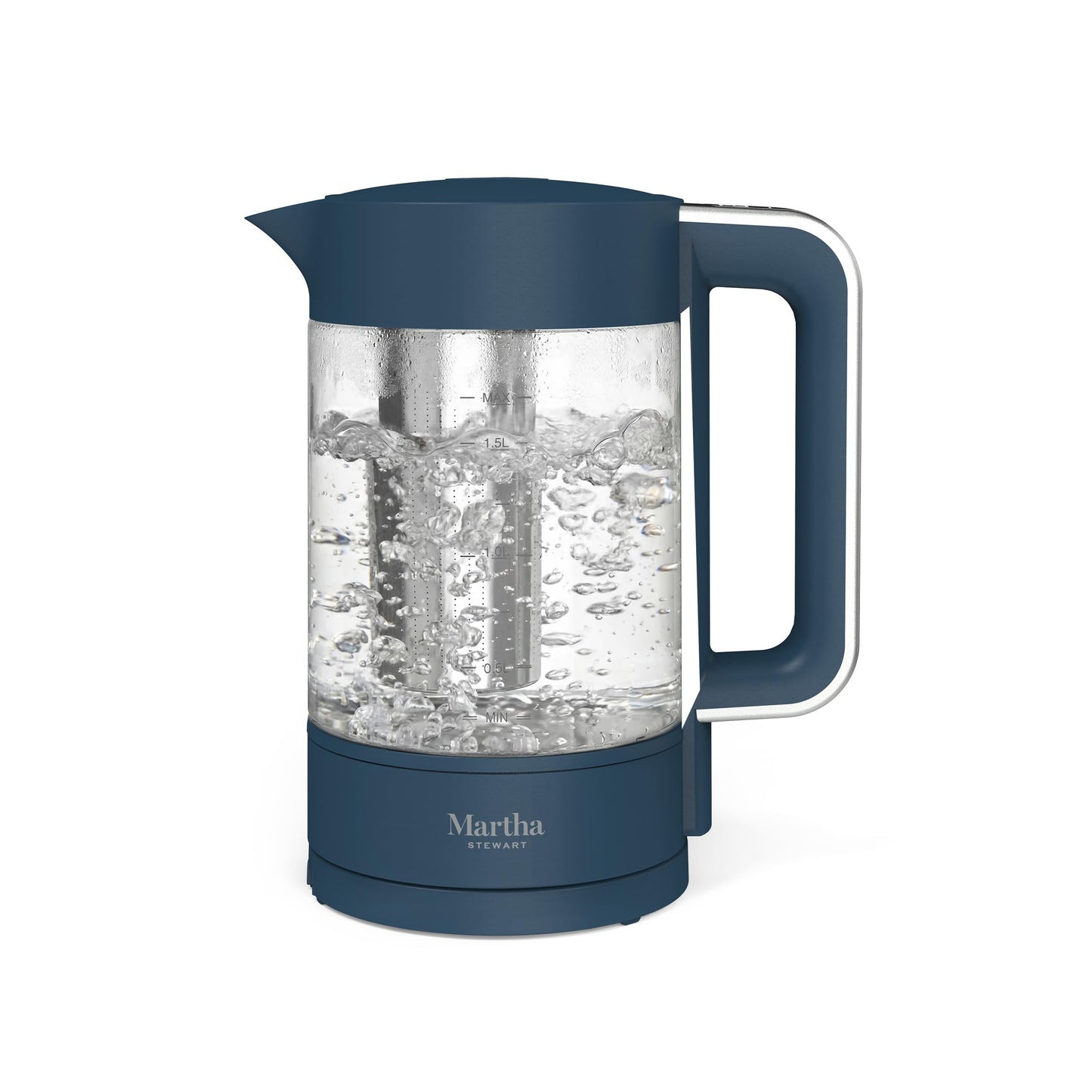 Martha Stewart Electric Kettle with Removable Stainless Steel Tea Infuser,  Glass Carafe 1.7L (7 Cups), Hot Water Boiler, 4 Presets, Keep Warm & Auto Shut-Off, Cordless 360° Swivel Base, Sky Blue
