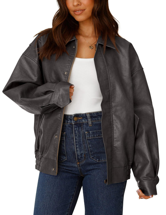 PRETTYGARDEN Women's Faux Leather Motorcycle Jacket Trendy Fall Spring Clothes Oversized Zip Up Winter Coat Outerwear