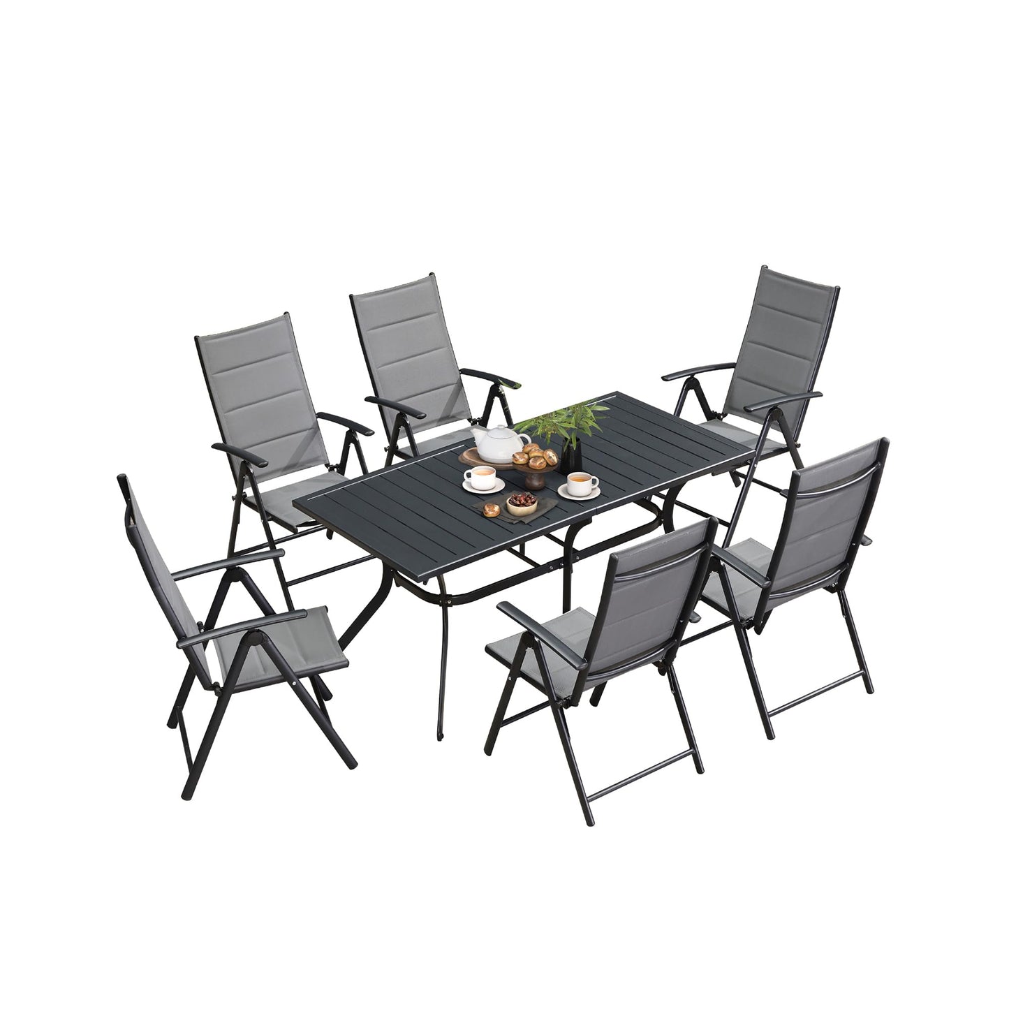 PURPLE LEAF 9 Pieces Outdoor Patio Dining Set with 8 Folding Portable Chairs and 1 Rectangle Aluminum Table, Foldable Adjustable High Back Reclining Chairs with Soft Cotton-Padded Seat, Grey