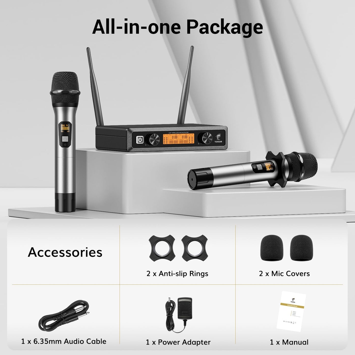 TONOR Wireless Microphones, Metal Dual Professional UHF Cordless Dynamic Mic Handheld Microphone System for Home Karaoke, Meeting, Party, Church, DJ, Wedding, Home KTV Set, 200ft, TW-820 Silver