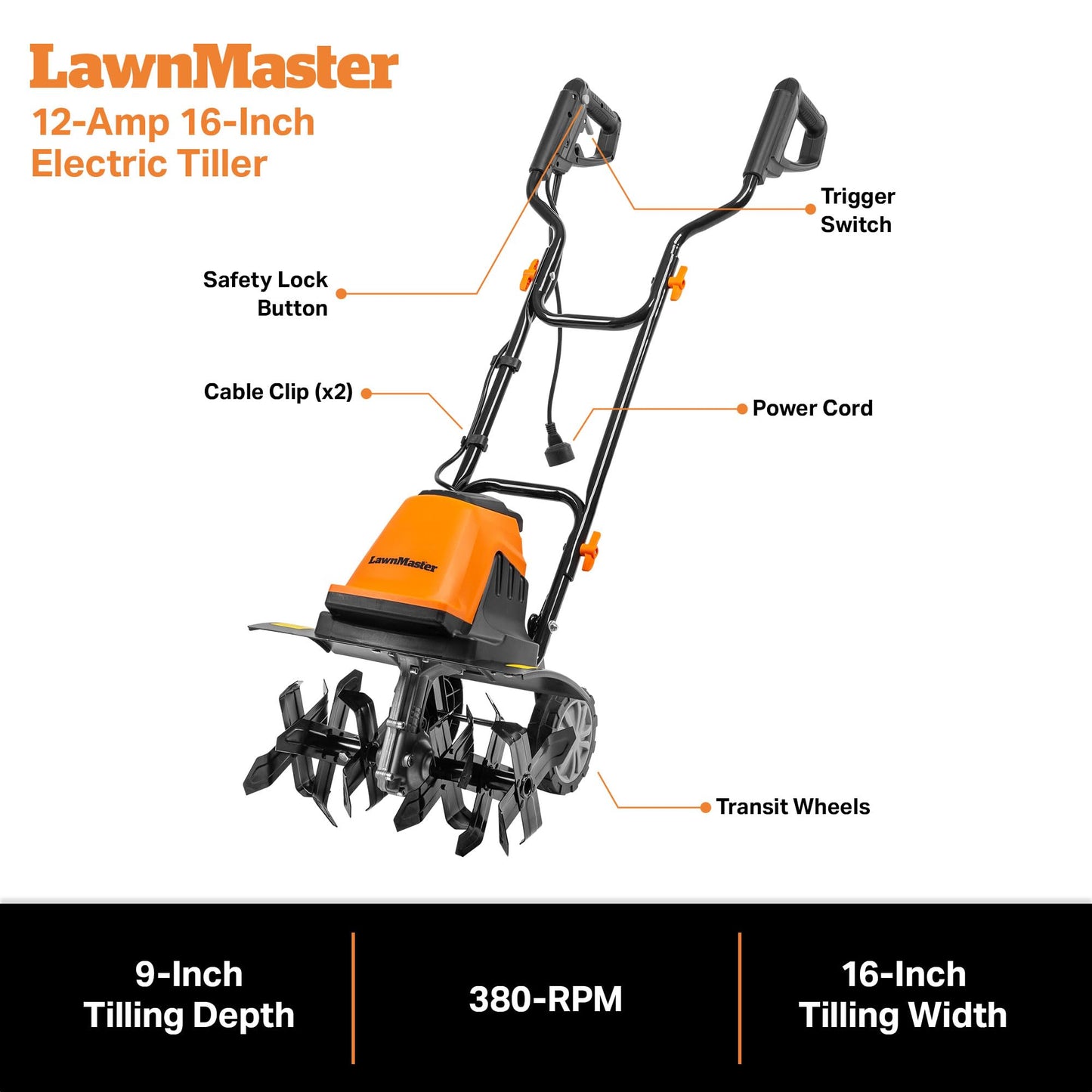 LawnMaster TE1016M Electric Tiller 10-Amp, 16-Inch,Green