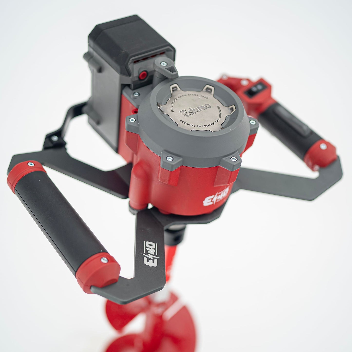 Eskimo E40 Electric Ice Fishing Auger, Full Power 40v Lithium-ion Battery, Lightweight Powerhead, Turbo Cutting System, Multi-Edge Blades, Red