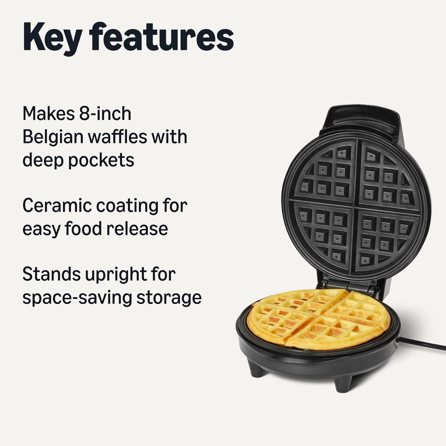 Amazon Basics Belgian Waffle Maker with 8-inch Round Ceramic Non-Stick Plate, Browning Control, Black