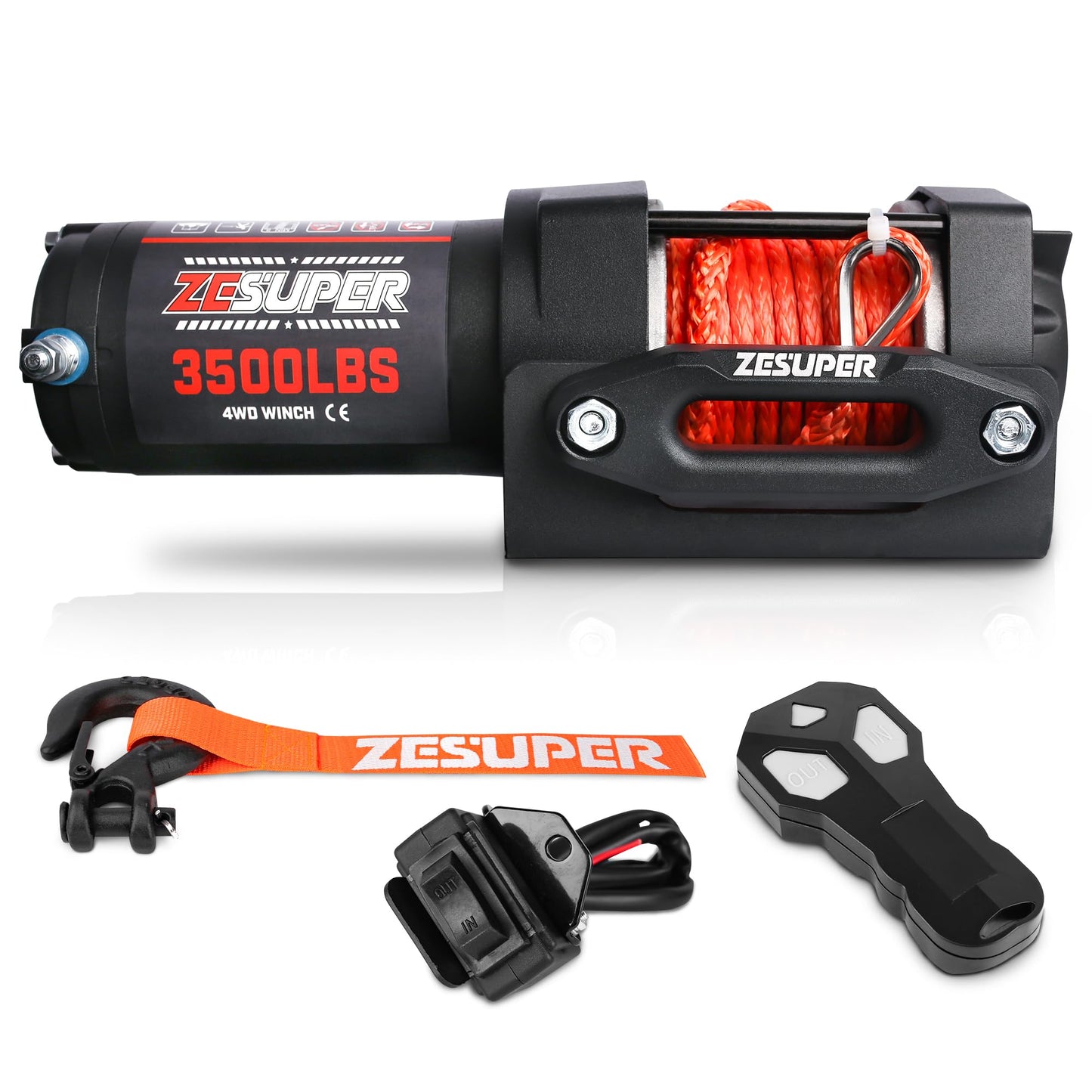 ZESUPER 3000 lb Electric Winch for ATV UTV Trailer Boat Synthetic Rope Winch 12V DC Off Road Towing Winches with Wireless Remote Mounting Bracket