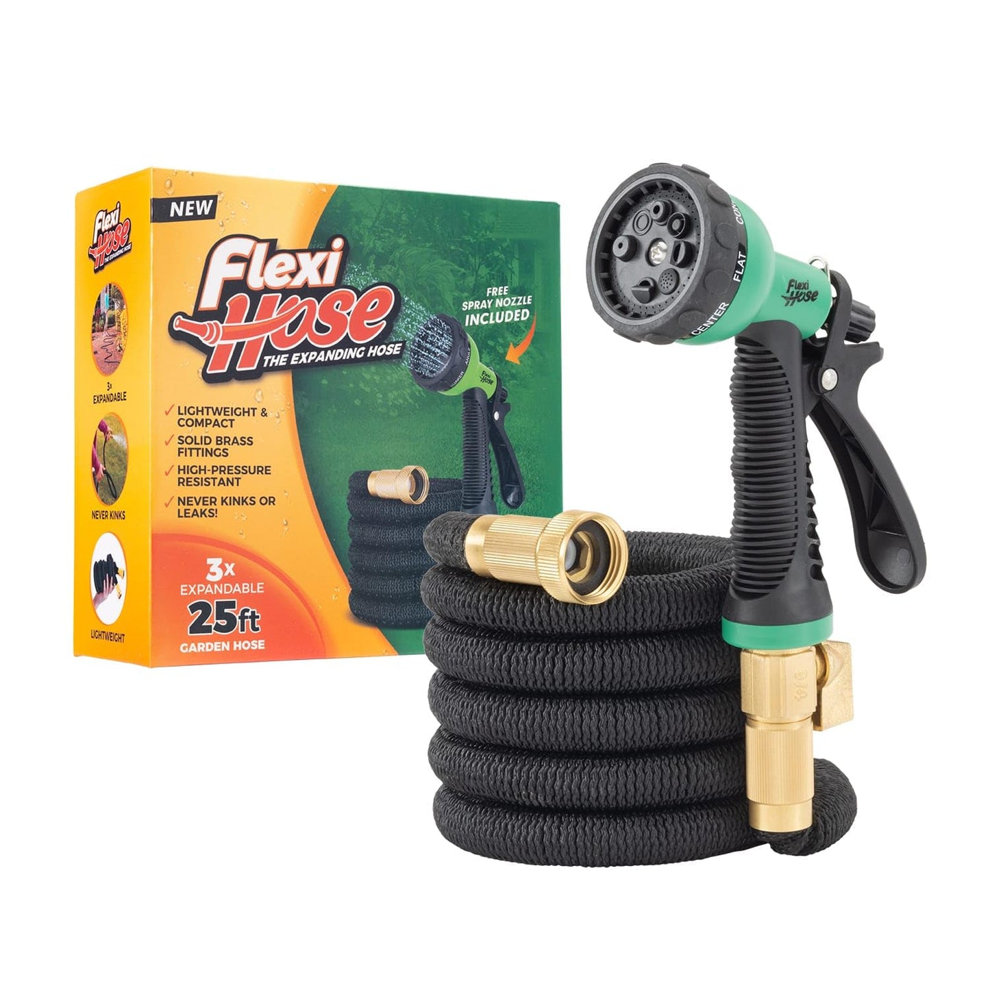 Flexi Hose with 8 Function Nozzle, 50FT - Lightweight Expandable Garden Hose, No-Kink Flexibility, 3/4 Inch Solid Brass Fittings and Double Latex Core